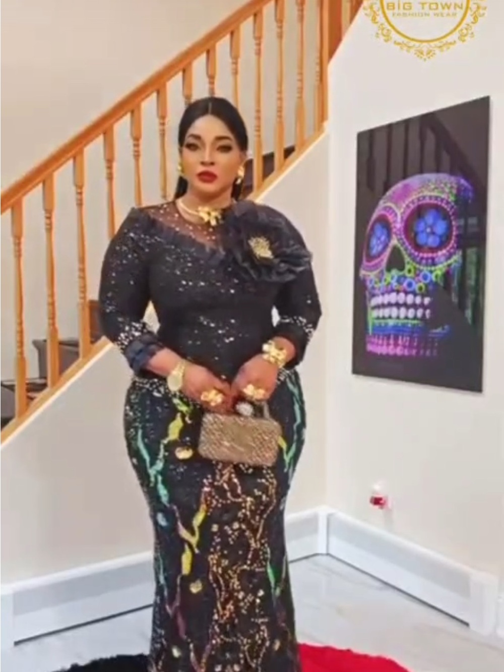 Trina Turk Black Sequin Maxi Gown with Neon Paint-Effect Accents